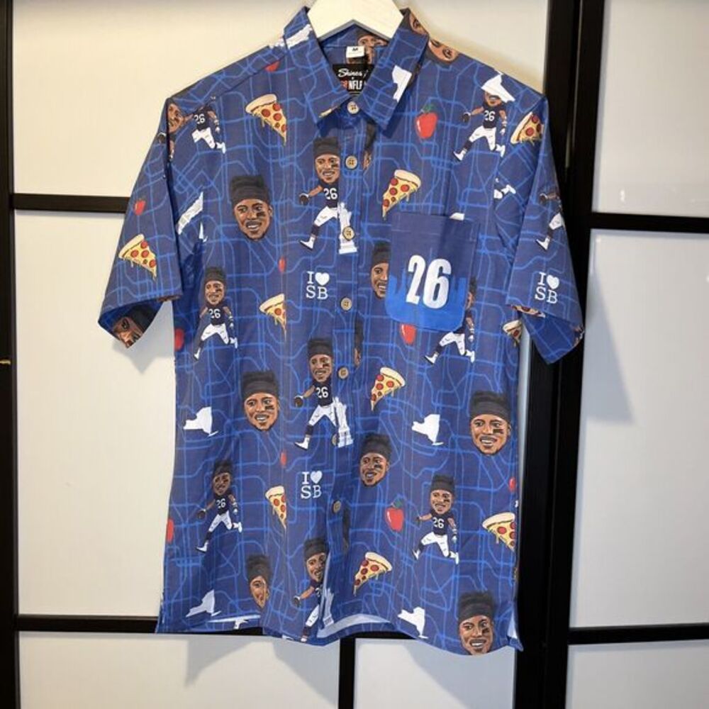 2019 Shinesty X NFLPA New York Giants Saquon Barkley Button Up Blue Print M